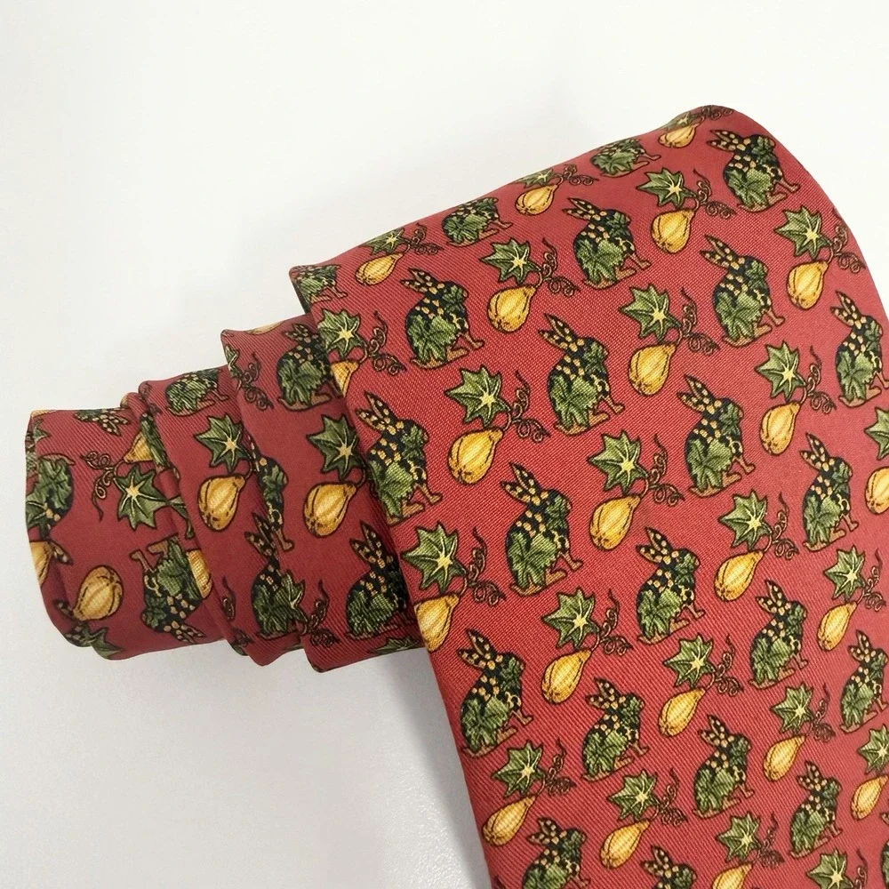 Salvatore Ferragamo Tie Rabbits & Pumpkins Autumn Leaves Red Silk 3 5/8